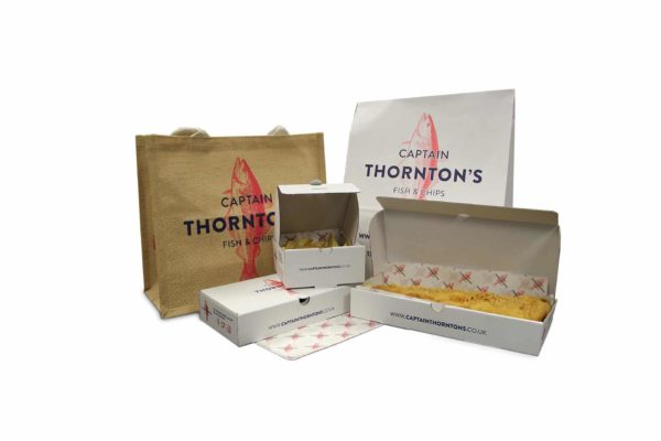Branded Fish and Chip boxes, along with printed fish and chip bags, cups and packaging