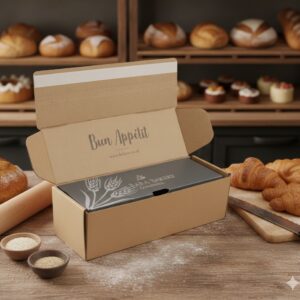 Dabara mailout box on a bakery bench Dabara mailout box on a bakery bench